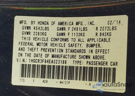 2014 Honda Accord Ex-L V-6 from USA, damaged, VIN 1HGCR3F84EA023186